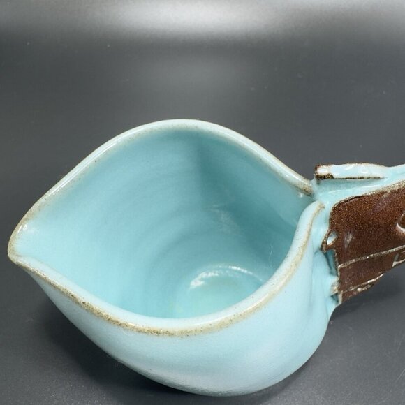 Hand Made Studio Art Pottery Creamer Small Pitcher RedWare Teal Blue Glaze Dish - Picture 9 of 13